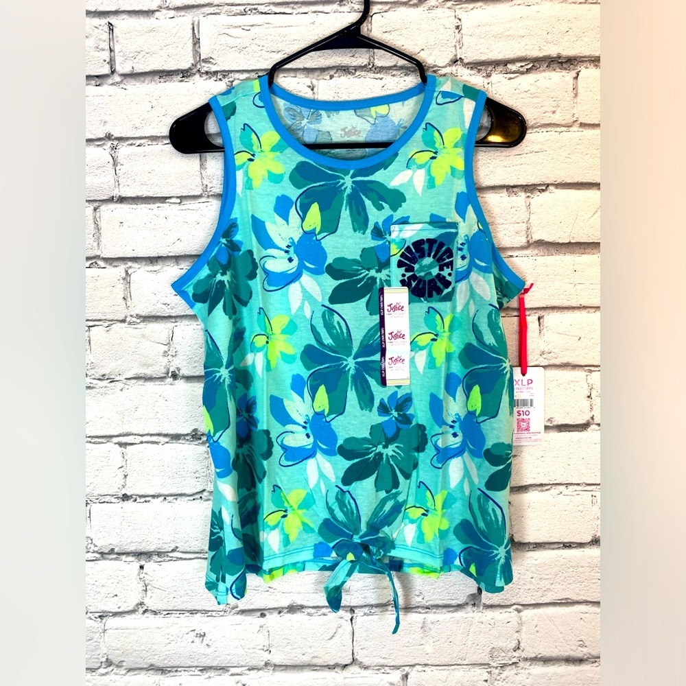 Justice Girls Size XLP (16P/18P) Blue Floral Front Tie Knot Tank Top ~ NWT